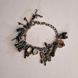 Vintage 1940s Silver Articulated 17 Charm Bracelet 7” Length 30 Grams